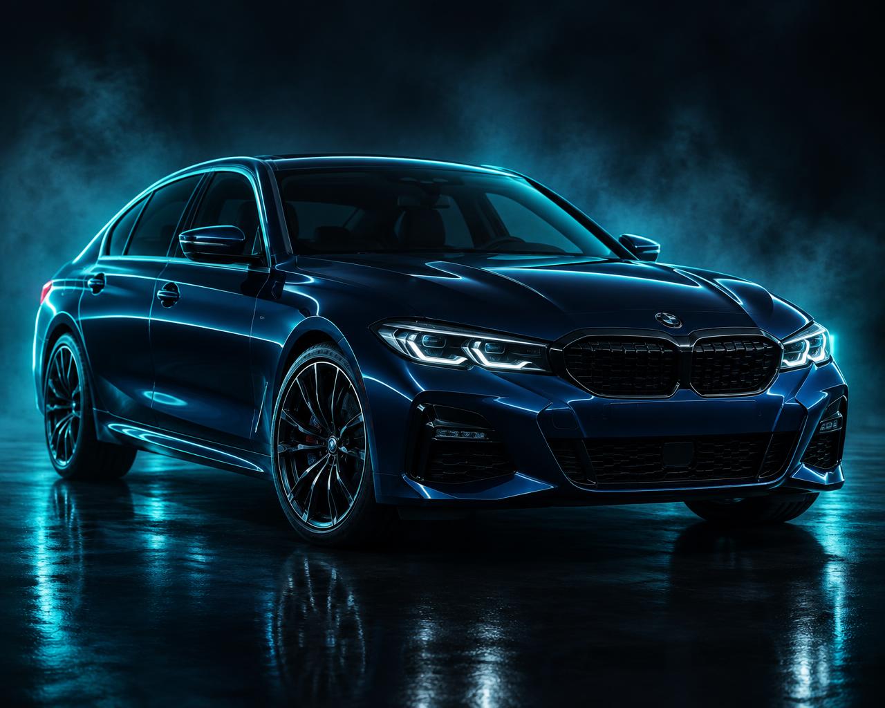 Luxury blue car glowing under neon lighting